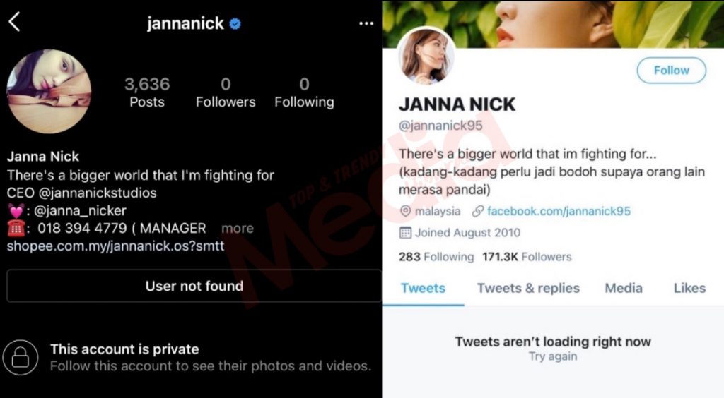 “Segala Screenshot Telah Diambil Pihak Berkuasa,” &#8211; Akaun Instagram &#038; Twitter Janna Nick ‘Hilang’, Turut Buat Laporan Polis Sebab&#8230;