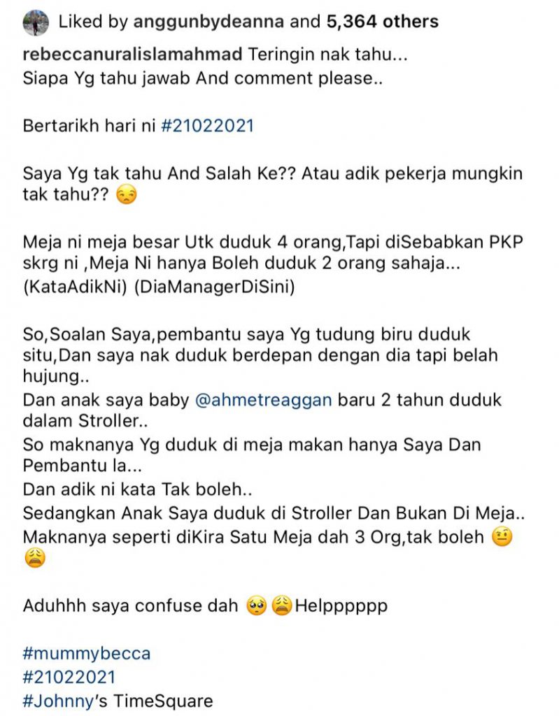“Sedangkan Anak Saya Duduk Di Stroller Dan…” – Keliru Syarat Hanya 2 Orang Dibenarkan ‘Dine In’ Di Restoran, Datin Rebecca Mohon Penjelasan